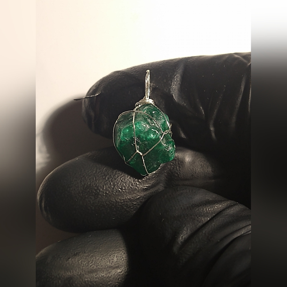 Large Natural Emerald Translucent Crystal Pendant in Silver